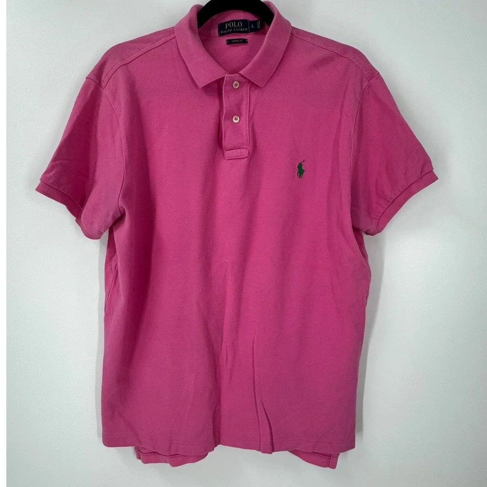 Polo Ralph Lauren Mens Custom Fit Pink‎ Short Sleeve Polo Shirt Green Pony Large
